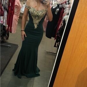 Elegant Green Off-Shoulder Dress with Gold Embroidery